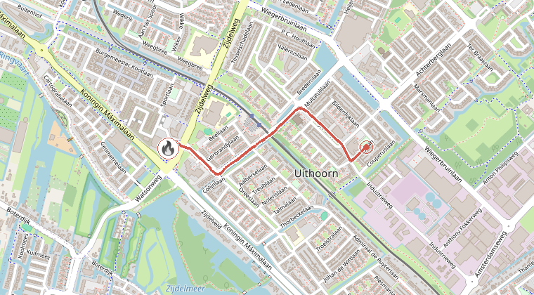 Kaart van de omgeving van de melding, met de kazerne die is gealarmeerd