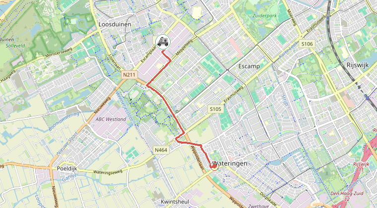 Kaart van de omgeving van de melding, met de kazerne die is gealarmeerd