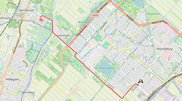 Kaart van de omgeving van de melding, met de kazerne die is gealarmeerd