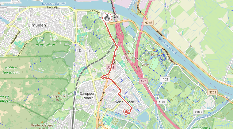 Kaart van de omgeving van de melding, met de kazerne die is gealarmeerd
