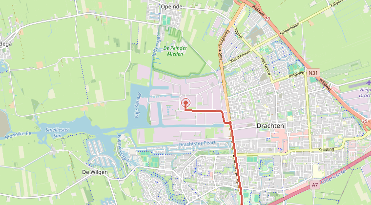 Kaart van de omgeving van de melding, met de kazerne die is gealarmeerd