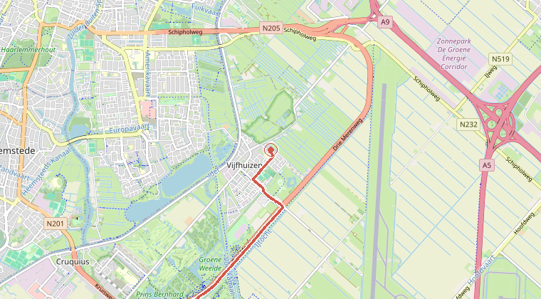 Kaart van de omgeving van de melding, met de kazerne die is gealarmeerd