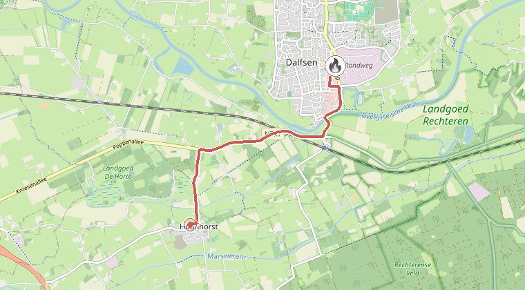 Kaart van de omgeving van de melding, met de kazerne die is gealarmeerd