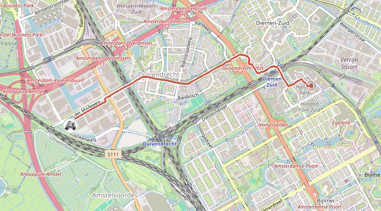 Kaart van de omgeving van de melding, met de kazerne die is gealarmeerd
