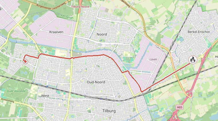 Kaart van de omgeving van de melding, met de kazerne die is gealarmeerd