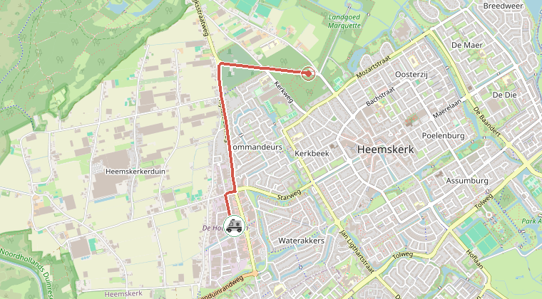Kaart van de omgeving van de melding, met de kazerne die is gealarmeerd