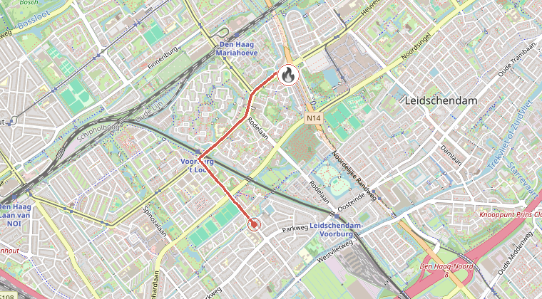 Kaart van de omgeving van de melding, met de kazerne die is gealarmeerd