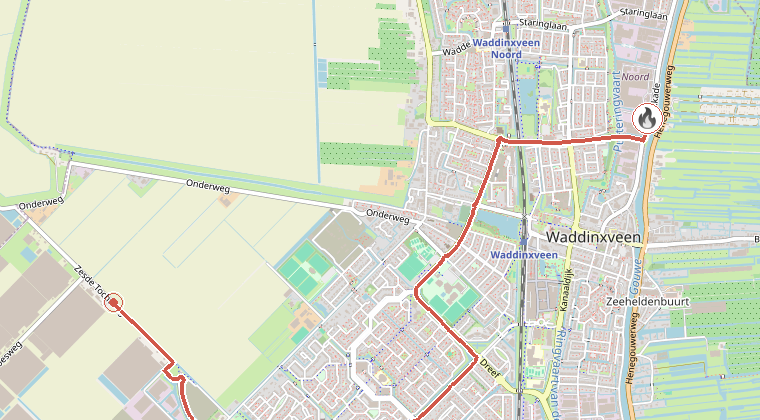 Kaart van de omgeving van de melding, met de kazerne die is gealarmeerd