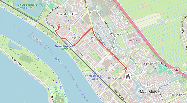 Kaart van de omgeving van de melding, met de kazerne die is gealarmeerd