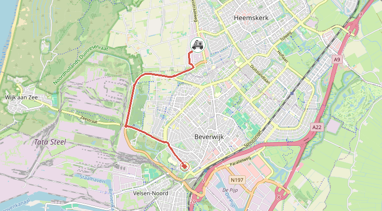 Kaart van de omgeving van de melding, met de kazerne die is gealarmeerd