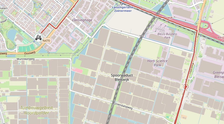 Kaart van de omgeving van de melding, met de kazerne die is gealarmeerd
