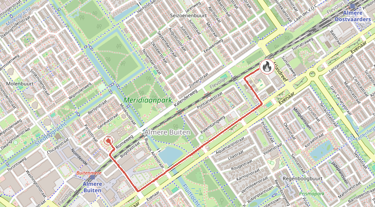 Kaart van de omgeving van de melding, met de kazerne die is gealarmeerd