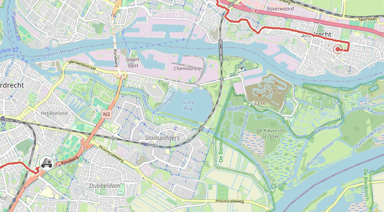 Kaart van de omgeving van de melding, met de kazerne die is gealarmeerd
