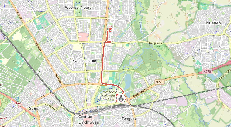 Kaart van de omgeving van de melding, met de kazerne die is gealarmeerd