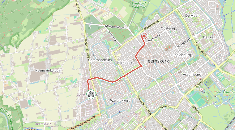 Kaart van de omgeving van de melding, met de kazerne die is gealarmeerd