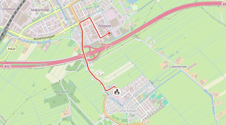 Kaart van de omgeving van de melding, met de kazerne die is gealarmeerd