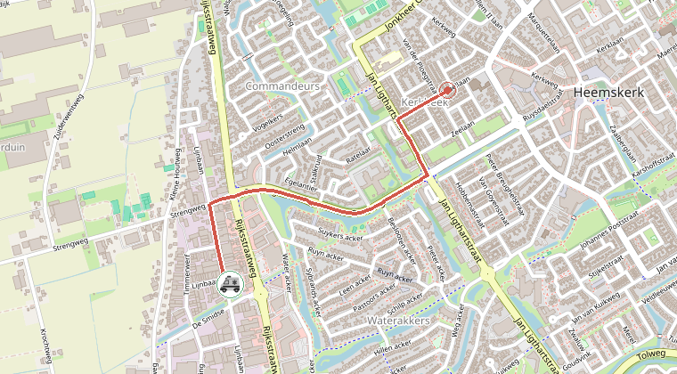 Kaart van de omgeving van de melding, met de kazerne die is gealarmeerd