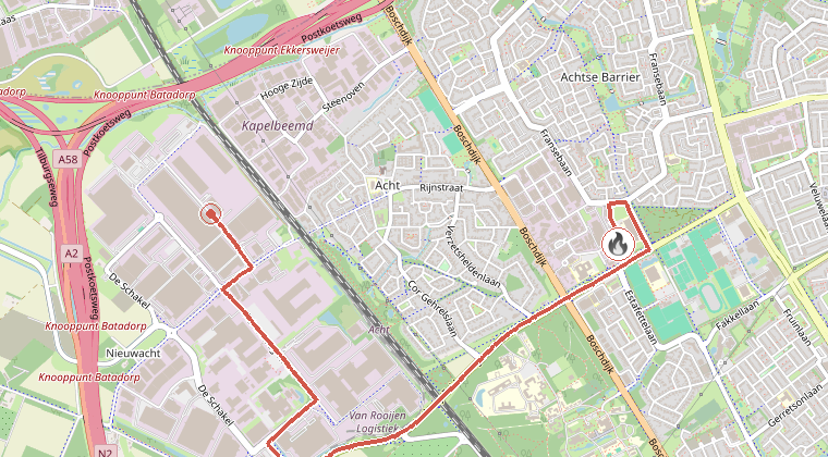 Kaart van de omgeving van de melding, met de kazerne die is gealarmeerd