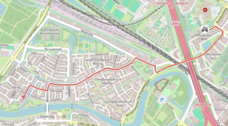 Kaart van de omgeving van de melding, met de kazerne die is gealarmeerd