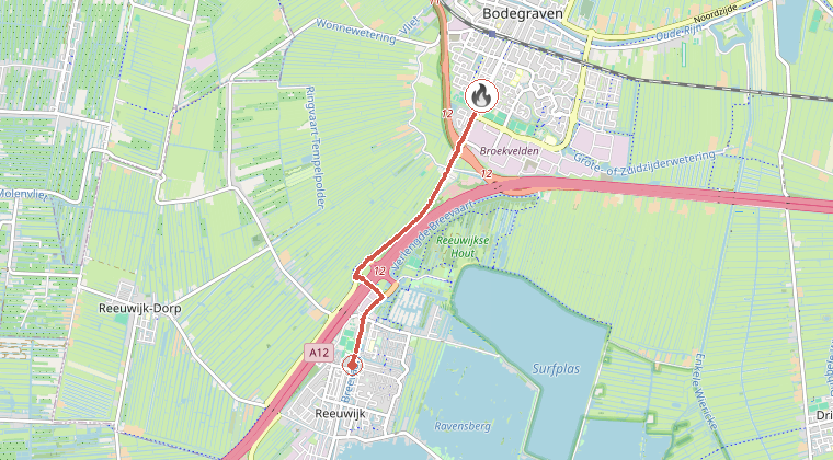 Kaart van de omgeving van de melding, met de kazerne die is gealarmeerd