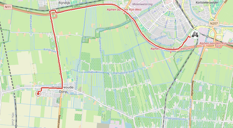 Kaart van de omgeving van de melding, met de kazerne die is gealarmeerd
