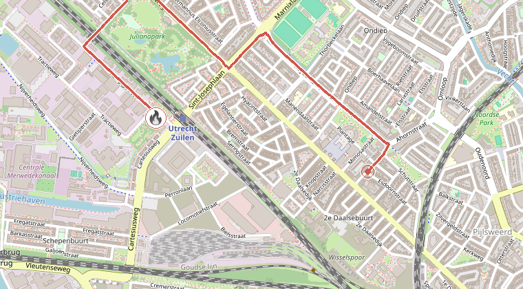Kaart van de omgeving van de melding, met de kazerne die is gealarmeerd