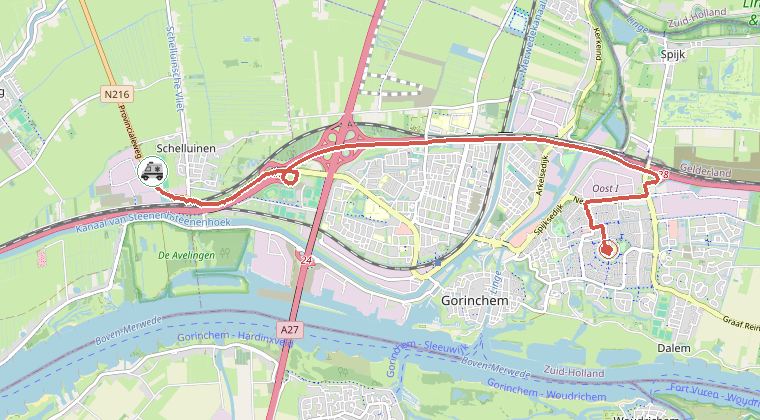 Kaart van de omgeving van de melding, met de kazerne die is gealarmeerd
