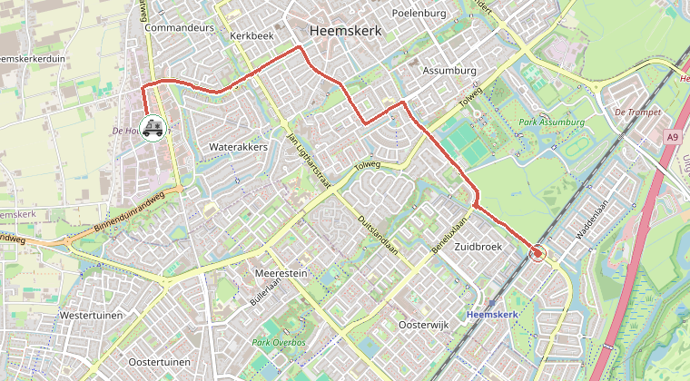 Kaart van de omgeving van de melding, met de kazerne die is gealarmeerd