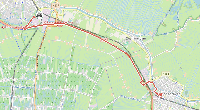 Kaart van de omgeving van de melding, met de kazerne die is gealarmeerd