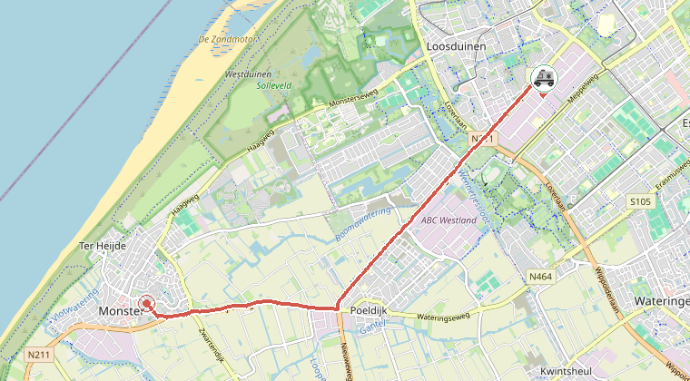Kaart van de omgeving van de melding, met de kazerne die is gealarmeerd