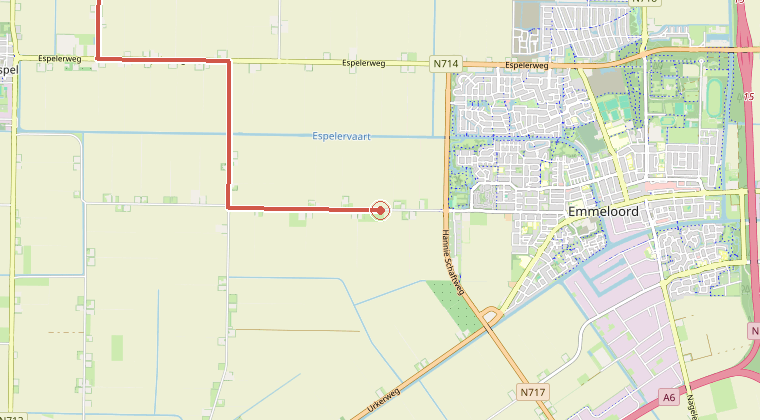 Kaart van de omgeving van de melding, met de kazerne die is gealarmeerd