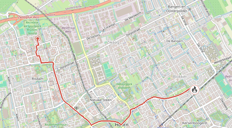 Kaart van de omgeving van de melding, met de kazerne die is gealarmeerd