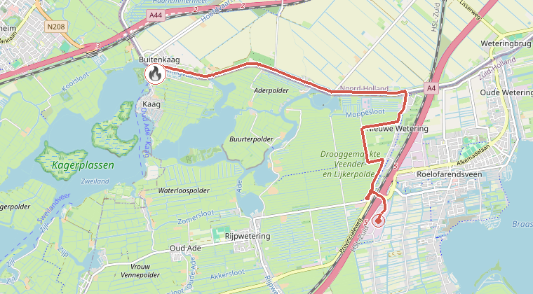 Kaart van de omgeving van de melding, met de kazerne die is gealarmeerd