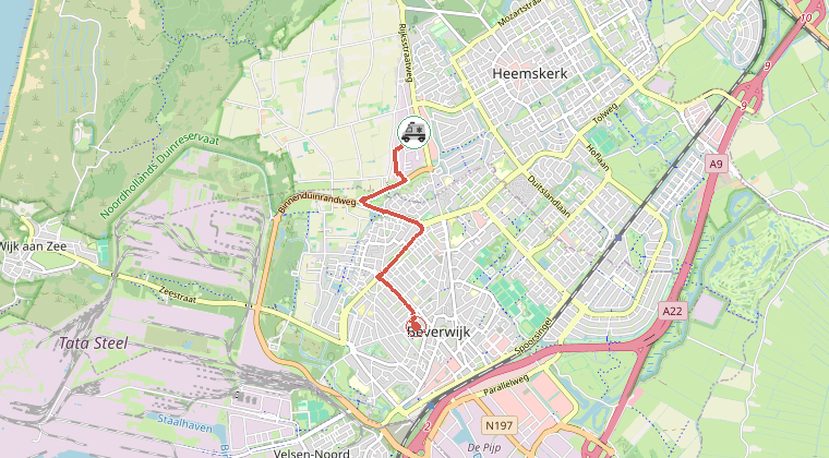 Kaart van de omgeving van de melding, met de kazerne die is gealarmeerd
