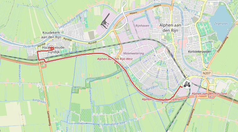 Kaart van de omgeving van de melding, met de kazerne die is gealarmeerd
