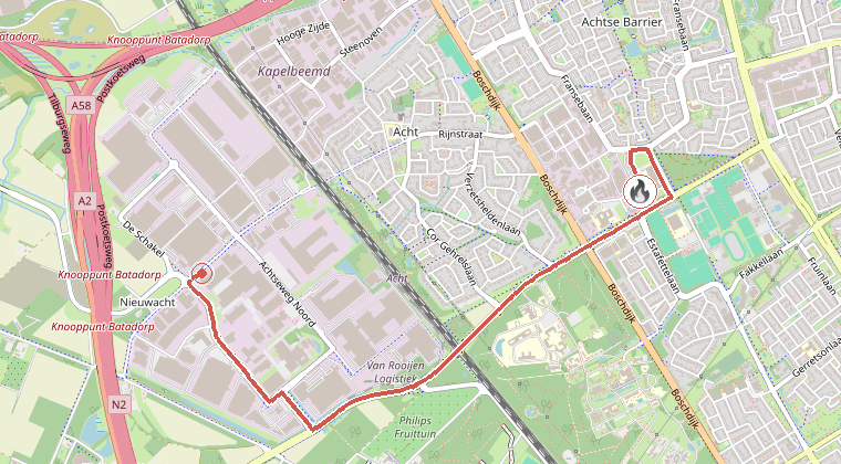 Kaart van de omgeving van de melding, met de kazerne die is gealarmeerd