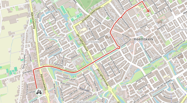 Kaart van de omgeving van de melding, met de kazerne die is gealarmeerd