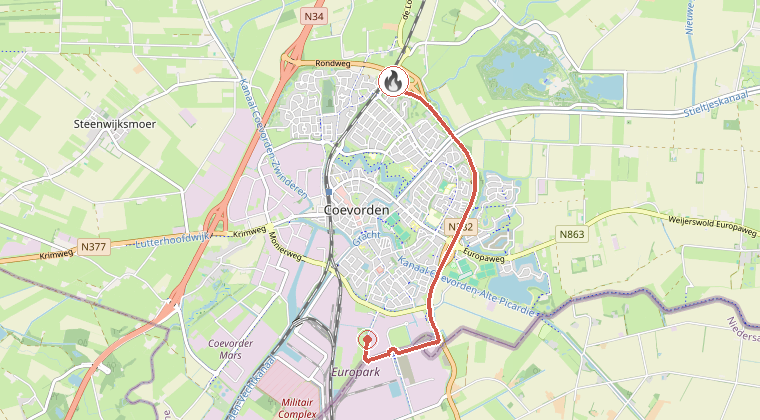 Kaart van de omgeving van de melding, met de kazerne die is gealarmeerd