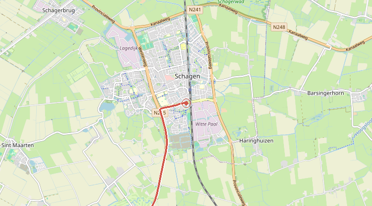 Kaart van de omgeving van de melding, met de kazerne die is gealarmeerd