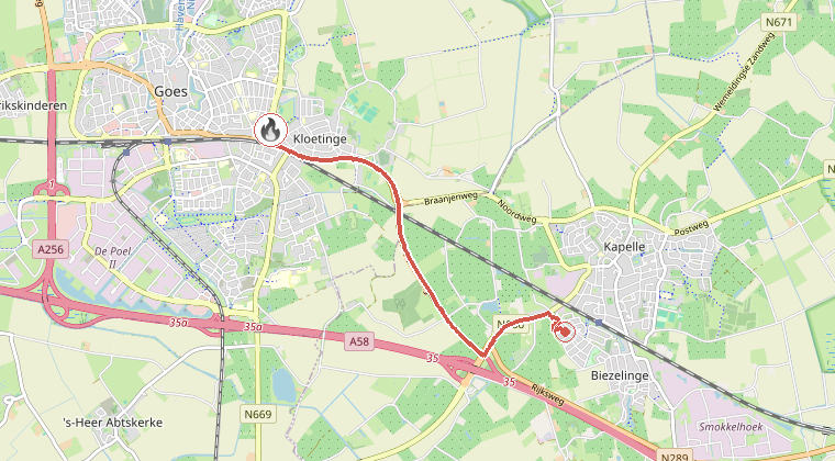 Kaart van de omgeving van de melding, met de kazerne die is gealarmeerd