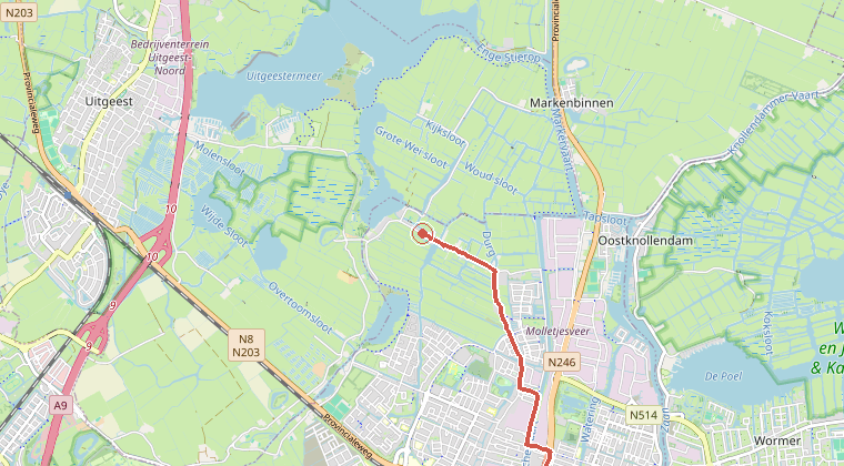 Kaart van de omgeving van de melding, met de kazerne die is gealarmeerd