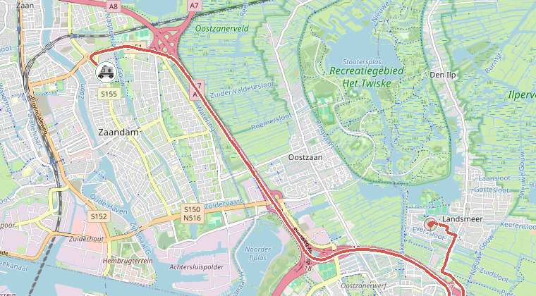 Kaart van de omgeving van de melding, met de kazerne die is gealarmeerd