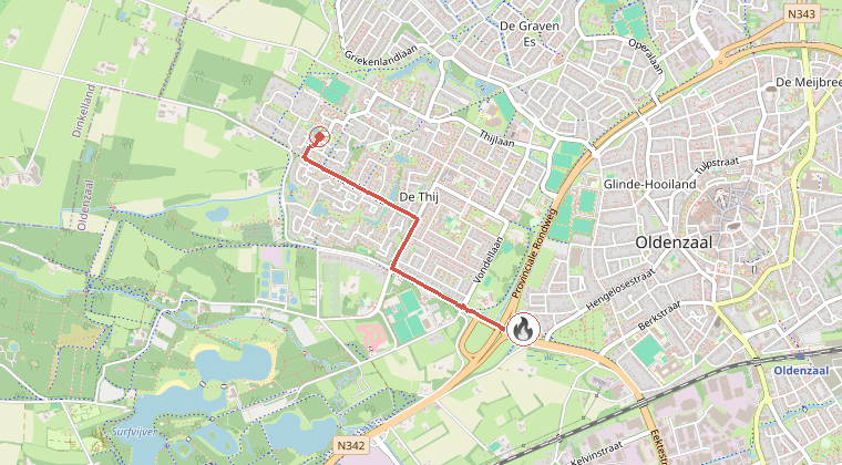 Kaart van de omgeving van de melding, met de kazerne die is gealarmeerd
