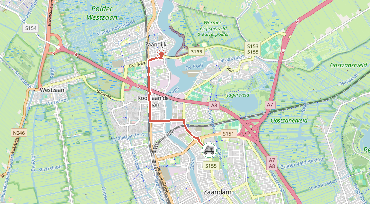Kaart van de omgeving van de melding, met de kazerne die is gealarmeerd