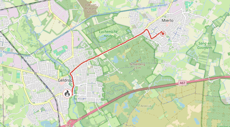 Kaart van de omgeving van de melding, met de kazerne die is gealarmeerd