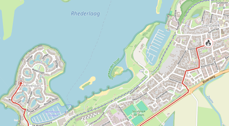 Kaart van de omgeving van de melding, met de kazerne die is gealarmeerd