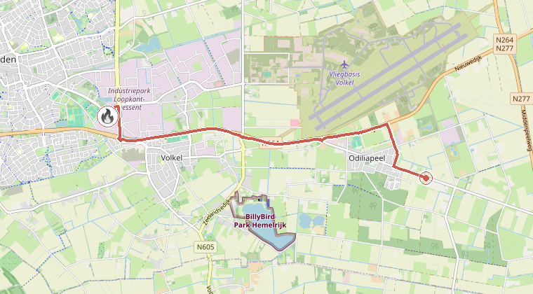 Kaart van de omgeving van de melding, met de kazerne die is gealarmeerd