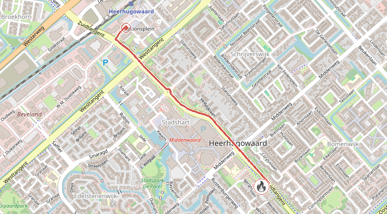 Kaart van de omgeving van de melding, met de kazerne die is gealarmeerd