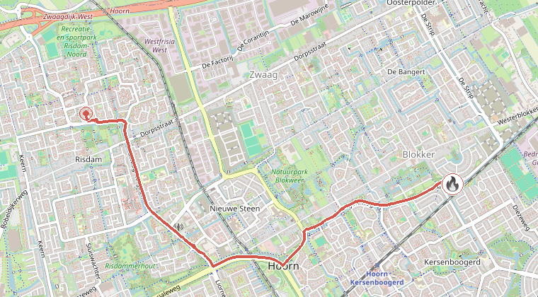 Kaart van de omgeving van de melding, met de kazerne die is gealarmeerd