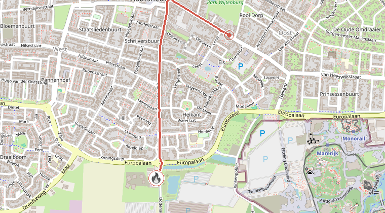 Kaart van de omgeving van de melding, met de kazerne die is gealarmeerd